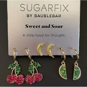 NEW 3 PR EARRINGS CHERRIES BANANA LIME BAUBLE BAR SUGARFIX FRUITS GOLD TONE NWT